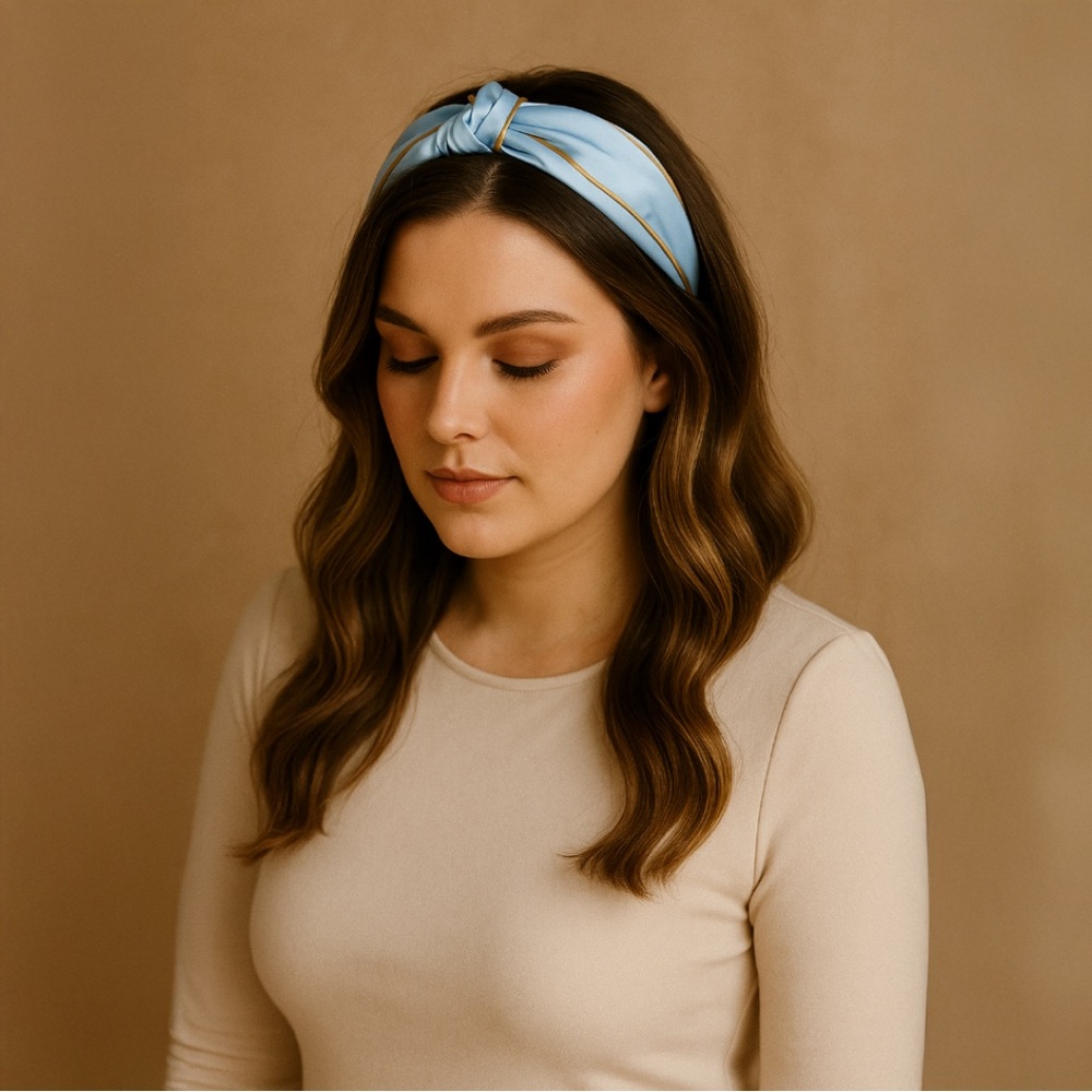 A346-C • Sky Blue Satin Knot Headband with Gold Trim